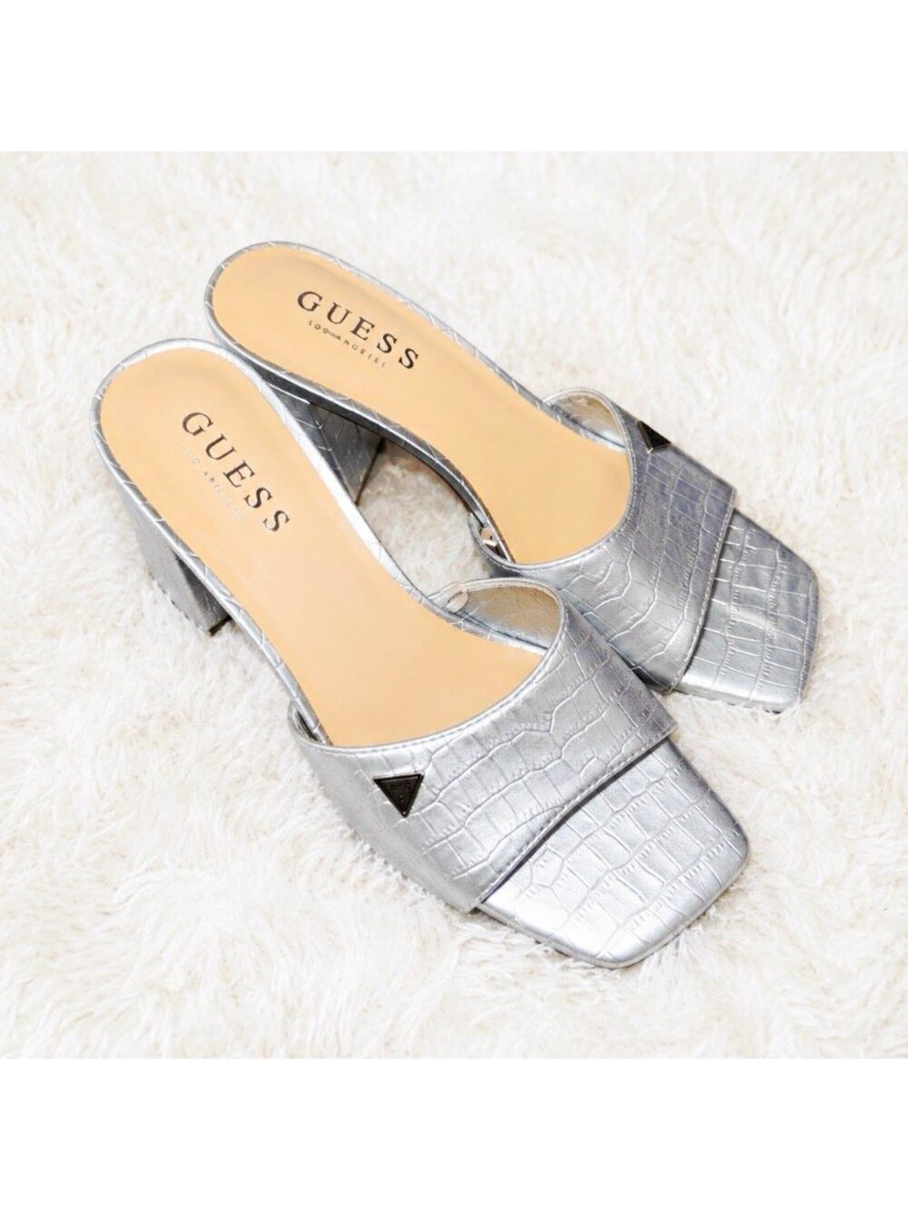 GUESS Silver Croc-Embossed Slide Block Heel Sandals Women's Size 6.5